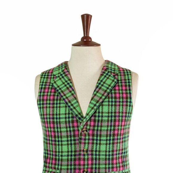 Mens 46R Green Pink Plaid Lambswool Vest Waistcoat Wedding Party Formal Casual - Picture 3 of 8